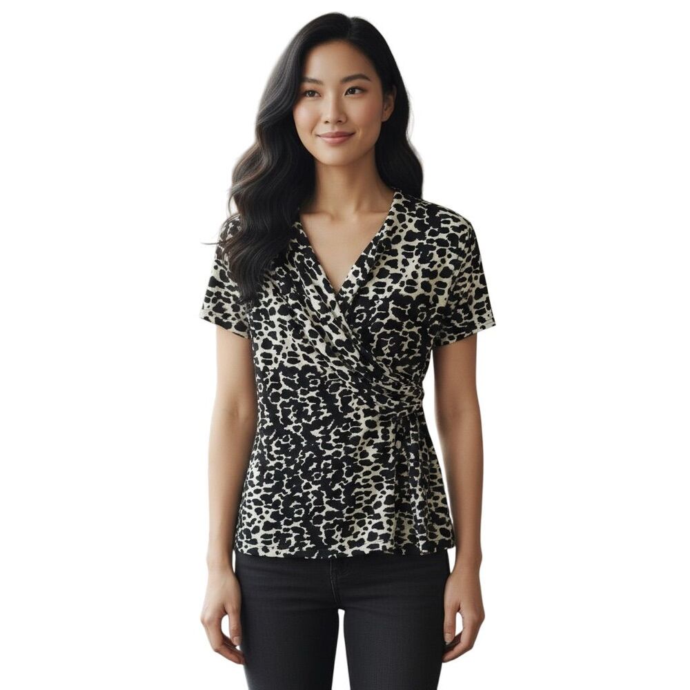 DKNY Women's Leopard Print V-Neck Short Sleeve Wrap Blouse Black L